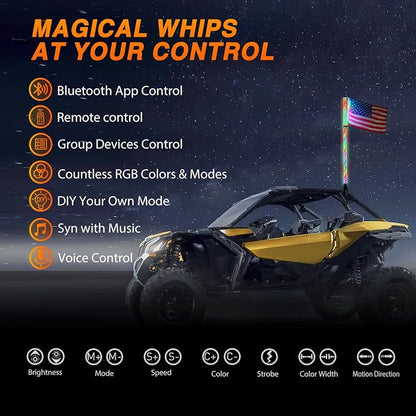Nilight RGB Whip Light 1PC 4FT Lighted Antenna Whips with Remote & App Control DIY Chasing Patterns Brake Reverse Lights for ATV UTV Polaris RZR Can-am Dune Buggy Pickup Trucks Jeep