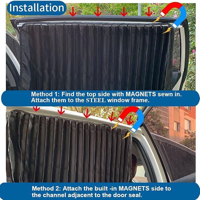 Ovege Car Side Window Sun Shade Car Curtain Pleated Silky Suction Magnetic (Black-Opaque, Front Seat 2pcs)