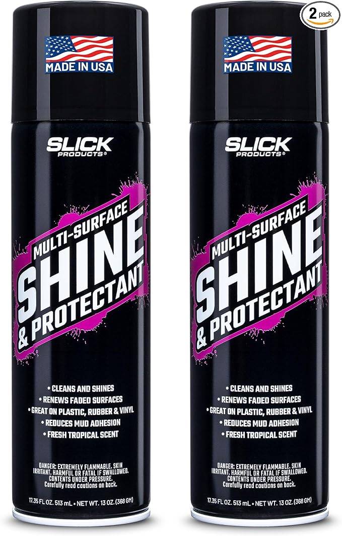 Slick Products Shine & Protectant Spray 17.35 FL OZ. - High Gloss Clear Coating Renew Vinyl, Plastic, Rubber, Trim, Tire, Car, Truck, Motorcycle, Dirt Bike (2-Pack)