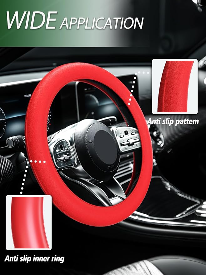 LRITER Car Steering Wheel Cover, Non-Slip Silicone Material, Multiple Color Choices, Universal Auto Parts Steering Wheel Cover, Suitable for Most Cars (Red)