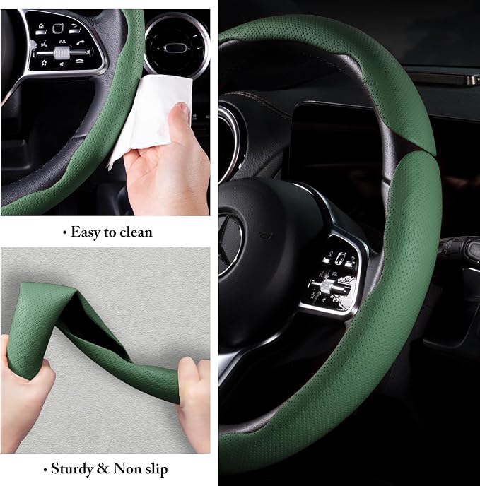 Car Steering Wheel Cover Leather Snap On 3Pcs Set Non-Slip Protector Wrap Steering Wheel Accessories 14.5-15 inch Universal Green
