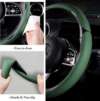 Car Steering Wheel Cover Leather Snap On 3Pcs Set Non-Slip Protector Wrap Steering Wheel Accessories 14.5-15 inch Universal Green