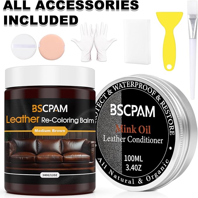12oz Leather Recoloring Balm & 3.4oz Mink Oil Leather Conditioner kit,Medium Brown Leather Color Repair Kits for Couches, Leather Couch Paint Scratch Repair for Furniture Car Sofa Shoes Leather Dye