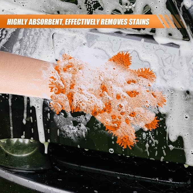 Craedli 2PCS Car Wash Mitts, Anti-Scratch Double Sided 5-Finger Microfiber Car Interior&Exterior Detailing Gloves, Soft Vehicle Chenille Dusting Mitt for Cleaning Wheel Tight Spot (Orange)