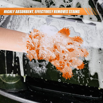 Craedli 2PCS Car Wash Mitts, Anti-Scratch Double Sided 5-Finger Microfiber Car Interior&Exterior Detailing Gloves, Soft Vehicle Chenille Dusting Mitt for Cleaning Wheel Tight Spot (Orange)