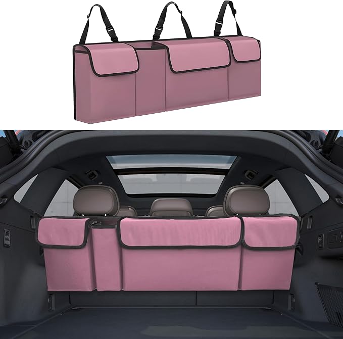 Car Trunk Organizer, Backseat Hanging Large Storage with Adjustable Straps,Waterproof PVC Collapsible Cargo Bag, Car Interior Accessories for Auto SUV MPV (Pink)