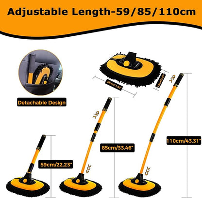 WillingHeart 15° Curved Car Wash Brush with Long Handle 43" Extension Pole RV Truck Microfiber Cleaning Mop Auto SUV Wheel Boat Exterior Interior Detailing 2 in 1 Carwash Duster Not Hurt Paint, Yellow