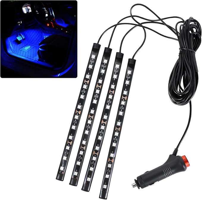 Car LED Strip Light, 12V 48 LED Interior Atmosphere Lights Under Dash Ambient Night Light, Auto Interior Decorative Lamp with Cigarette Adapter Plug, Car Accessories (Blue, Cigarette Lighter)