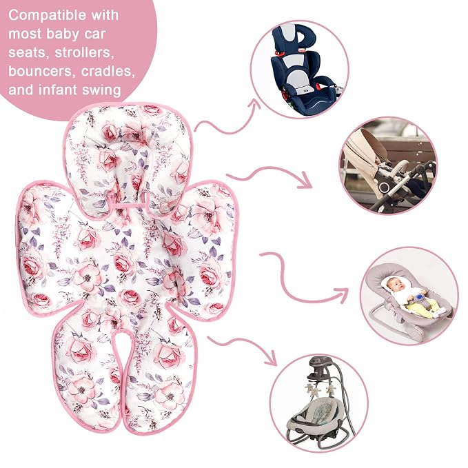 SWESEN Infant Car Seat Insert with 3 Strap Covers Set, Reversible Newborn Baby Car Seat Head Body Support for Girl, Soft 3 in 1 Baby Car Seat Cushion for Strollers, Bouncers, Swing, Pink Floral