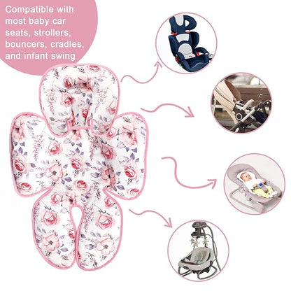 SWESEN Infant Car Seat Insert with 3 Strap Covers Set, Reversible Newborn Baby Car Seat Head Body Support for Girl, Soft 3 in 1 Baby Car Seat Cushion for Strollers, Bouncers, Swing, Pink Floral