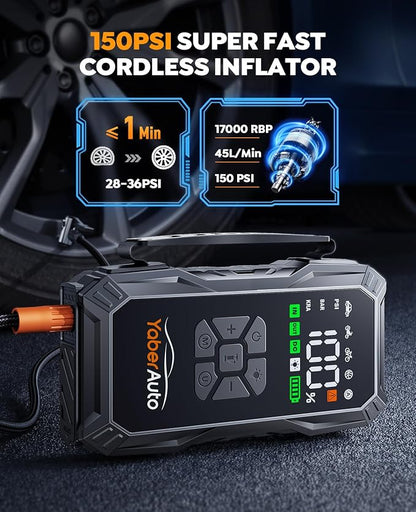 YaberAuto 10-in-1 Jump Starter with Air Compressor 6000A 150PSI Car Battery Jump Starter (All Gas/10L Diesel) 12V Jump Box Car Battery Jumper Starter Portable Jumper Cables, 150W DC, Gloves, Lights