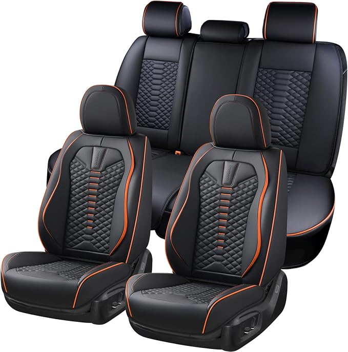 Coverado Leather Seat Covers, Car Seat Covers Full Set, Nappa Leather Seat Covers for Cars, Car Seat Protectors Waterproof, 5 Seats Black&Orange Automotive Seat Covers Fit for Most Cars Trucks