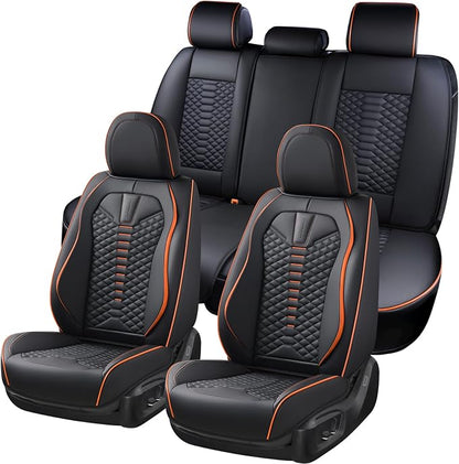 Coverado Leather Seat Covers, Car Seat Covers Full Set, Nappa Leather Seat Covers for Cars, Car Seat Protectors Waterproof, 5 Seats Black&Orange Automotive Seat Covers Fit for Most Cars Trucks