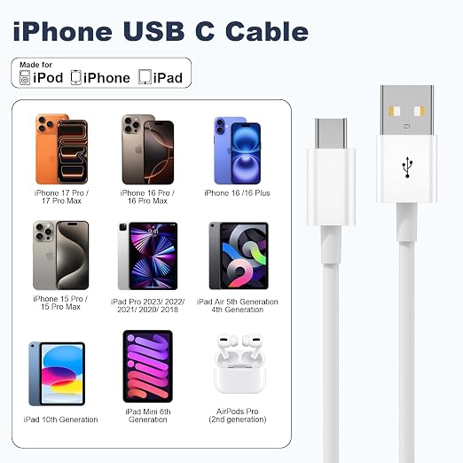 Cveael Car Carplay Cable for iPhone 17 16 15 Pro Max Air 16 15 Plus, 3FT USB A to USB C Cord for iPad 10th Gen Pro Air 5th 4th Mini 6th Gen, Car Charging Cable