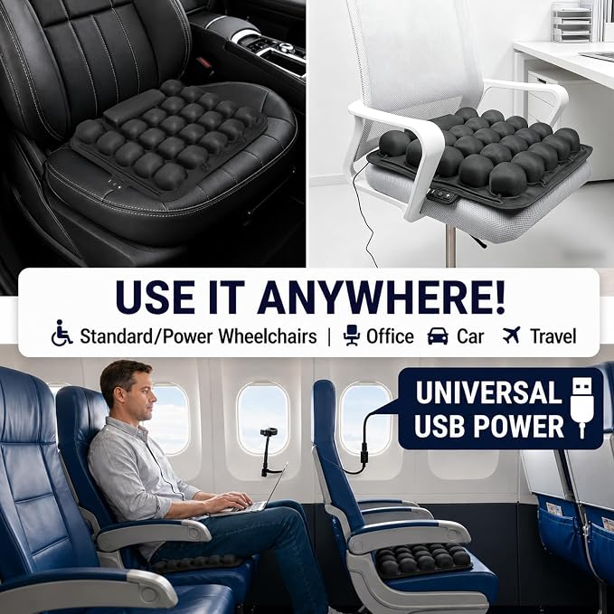 Alternating Air Wheelchair Cushion, Pressure Relief Seat Cushion with Air Cell Massage, USB Powered Breathable Cushion for Wheelchair, Office Chair, Long Sitting