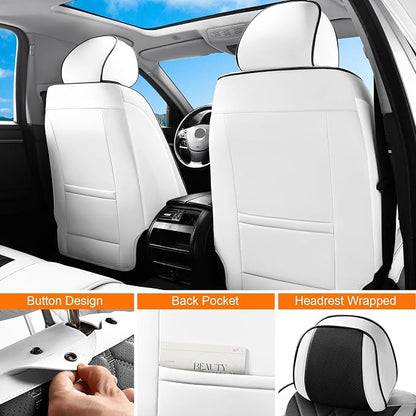Black White Car Seat Covers Front Seats, Luxury Leather Automotive Seat Covers with Lumbar Support, White Car Inner Accessories Seat Protector Universal Fit for Most Cars Trucks Pick-ups SUVs
