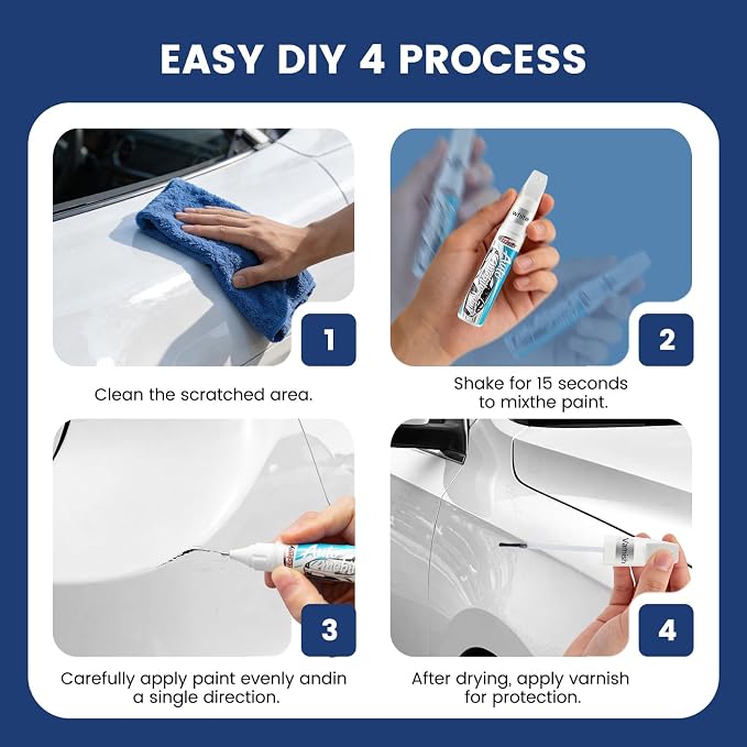 White Car Touch Up Paint Pen 2pcs with Clear Coat Pen, Long-Lasting Waterproof UV-Resistant Auto Scratch Repair Remover, Quick & Easy Fix for Car SUV Truck Motorcycle, Repair Chip Rim Scuff