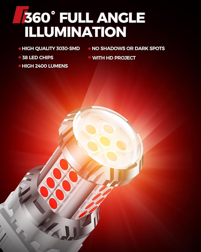 Torchbeam Newly Upgraded 3157 Red LED Bulb, LED Brake Tail Light Bulbs, 600% Brighter 3056 3057 4057 4157 3457 Brake Stop High Mount Stop Tail Taillights with HD Lens for Cars, Non-polarity, 2 Pack