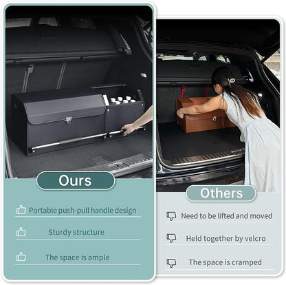 Car Trunk Organizer, Collapsible Leather Car Trunk Storage Organizer with Lid and Sturdy Handle Car Organizer and Storage for SUV, Truck, Sedan (Black, 36.2 x 11.4 x 12.2in)
