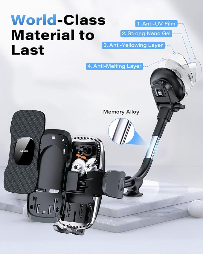 1Zero Solid Car Truck Phone Mount Holder with Thick Gooseneck Long Arm, Windshield Window Mobile Holders w/Industrial-Strength Suction Cup, Anti-Shake Stabilizer Compatible All Cell Phones, Black