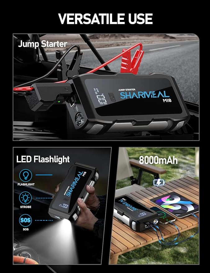 Sharmeal Jump Starter 6000A, 12V Car Battery Jump Starter (Up to All Gas or 10.0L Diesel Engine), Battery Booster with 3 Modes Flashlight and Jumper Cable