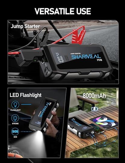 Sharmeal Jump Starter 6000A, 12V Car Battery Jump Starter (Up to All Gas or 10.0L Diesel Engine), Battery Booster with 3 Modes Flashlight and Jumper Cable
