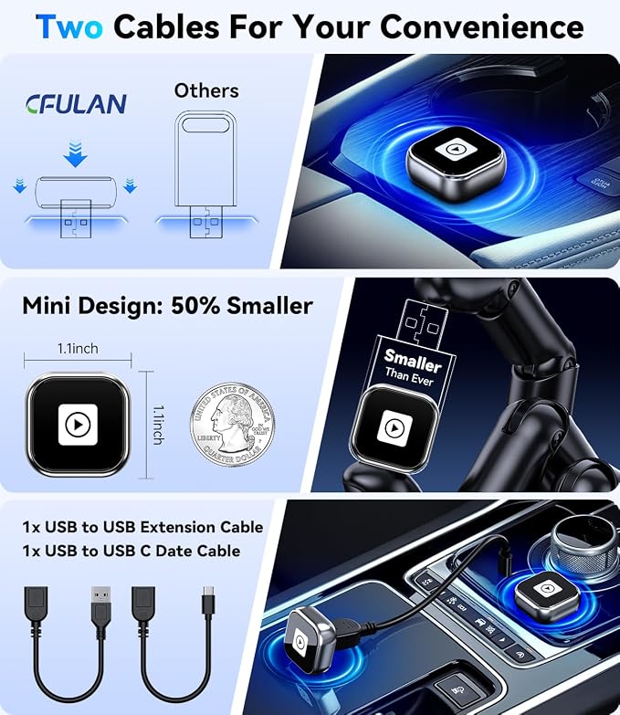 Wireless CarPlay Adapter & Android Auto, Wired to Wireless Carplay Adapter for Apple iPhone & Android, Mini USB Design with Type-C Extension, Plug and Play, No Latency & Auto-Reconnect, 2026 Upgraded