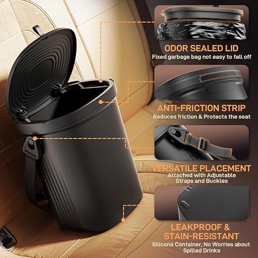 Waretary Trash Can for Car Garbage: Leakproof Silicone Car Waste Bin w/Lid for Drivers and Passengers; 2 Gallon Garbage Container for Vehicle, Sedan, SUV, Van, MPV & Truck (Black)