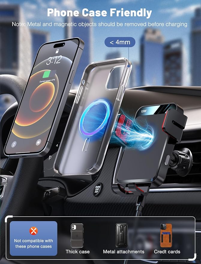 Wireless Car Charger, MOKPR Auto-Clamping Car Mount 15W/10W/7.5W Fast Charging Air Vent Car Phone Mount Compatible with iPhone 15/14/13/13 Pro/12 Pro Max/12/11/10/8 Series, Samsung Galaxy Series Red