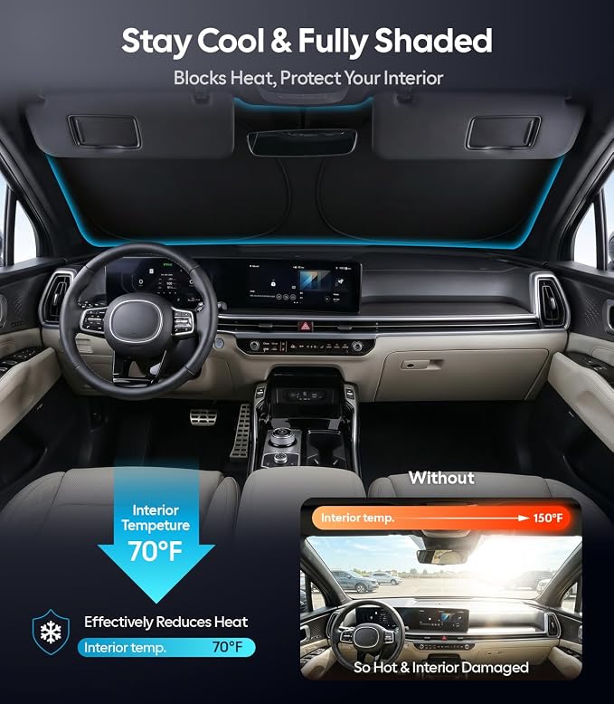 Wigoo for Kia Sorento Windshield Sunshade [OEM Design, 100% Sun Blockage] Foldable Heat Insulation Sun Shade with Storage Bag, for Kia Sorento (2016-2026), Silver Coating
