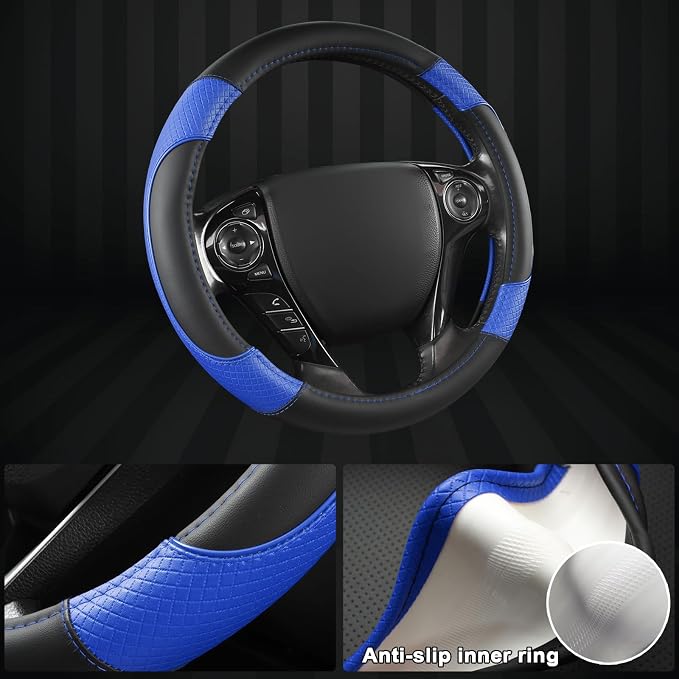 GIANT PANDA Microfiber Leather Steering Wheel Cover for Honda Accord,Civic,CR-V,HR-V,Pilot(Diamond-Pattern-Black+Blue-Standard Size)