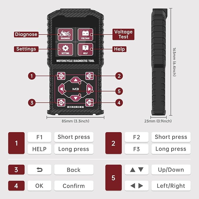 M3‑A Motorcycle Diagnostic Tool for Honda 4P, Kawasaki 4‑6P, Yamaha 2/3/4P – Read/Clear Fault Codes & Live Data, ECU/Service/Throttle Reset, ABS Bleed, OBD2 Scanner