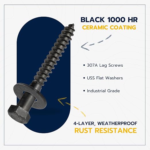 3/8 x 3 (50 Pack) Lag Screw Kit, 50 Screws and 50 Washers, Ceramic Black Ruspert Coating for Exterior Use, Meets ASTM A307 and ASME B18.2.1, Industrial/Commerical Grade by Makers Bolt