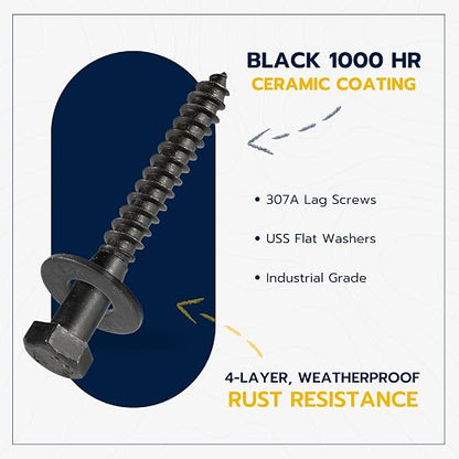 3/8 x 3 (50 Pack) Lag Screw Kit, 50 Screws and 50 Washers, Ceramic Black Ruspert Coating for Exterior Use, Meets ASTM A307 and ASME B18.2.1, Industrial/Commerical Grade by Makers Bolt