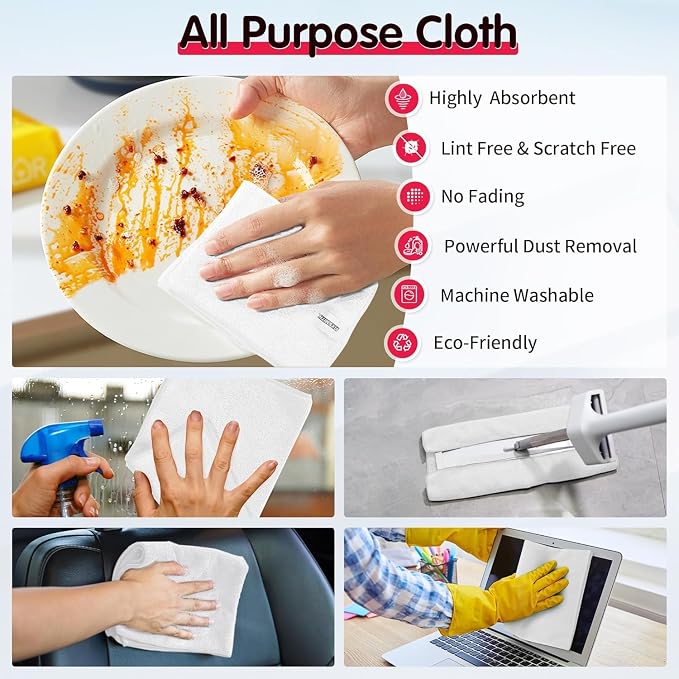 FIXSMITH White Microfiber Cleaning Cloth -Pack of 24, Highly Absorbent Cleaning Rags, 16"X12" All Purpose Cleaning Towels for Housekeeping, Kitchen, Car, Lint Free and Reusable Microfiber Towels