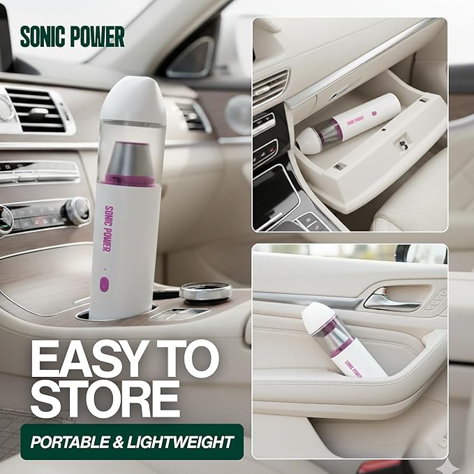 SonicPower Portable Cordless Car Vacuum, 15000Pa High Suction Handheld Vacuum Cleaner, 2-in-1 Vacuum & Blower, with 4 Attachments & Portable Storage Bag for Car, Home, Pet & Office (White & Pink)