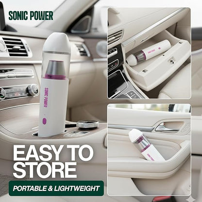 SonicPower Portable Cordless Car Vacuum, 15000Pa High Suction Handheld Vacuum Cleaner, 2-in-1 Vacuum & Blower, with 4 Attachments & Portable Storage Bag for Car, Home, Pet & Office (White & Pink)