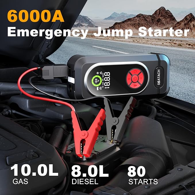 6000A Jump Starter with Air Compressor, Car Battery Jump Starter Portable (10.0 Gas/10.0L Diesel), 150 PSI 12V Car Battery Jump Box with Tire Inflator, Jumper Cables, LED Light, LED Display
