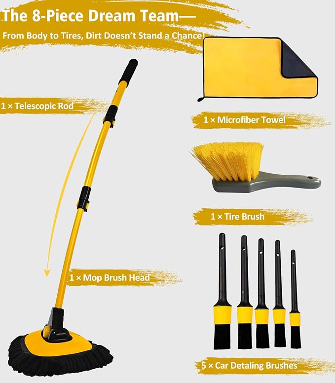 YeewayVeh Car Wash Kit, Extendable Car Wash Brush Mop with Long Handle, 5pcs Detailing Brush, 1pc Wheel Brush and Microfiber Towel Car Cleaning Kit Supplies Accessories, Ginger