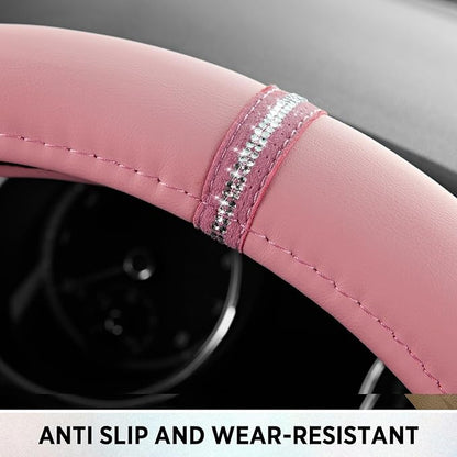 Road Comforts Leopard Steering Wheel Cover for Women, Cute Anti-Slip Microfiber Leather, Fits D Shape Flat Bottom Steering Wheel 14.5-15 Inch - Pink and Pink Leapoard