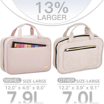 NISHEL Travel Toiletry Bag for women, Portable Hanging Organizer for Full-Sized Shampoo, Conditioner, Brushes Set, Makeup Accessories, Large Size, Pink