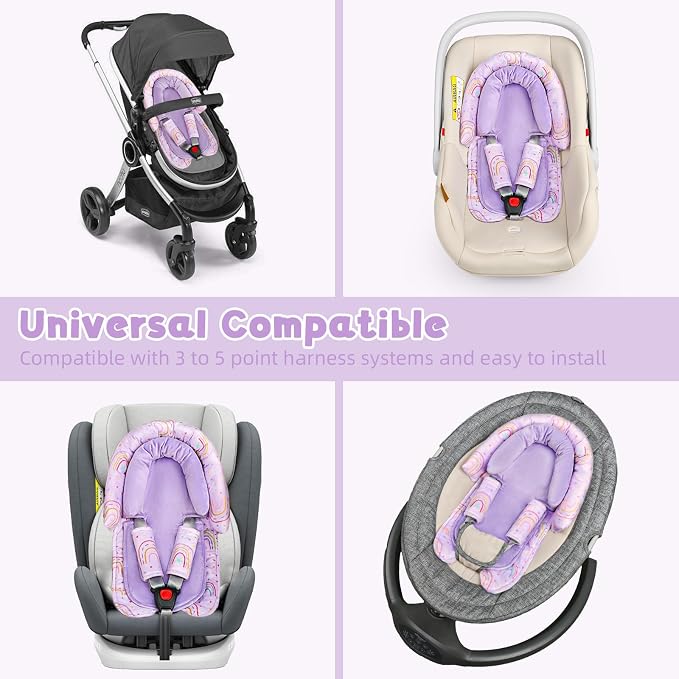 Infant Car Seat Insert with 2 Strap Pads, Carseat Cushion Baby Boy & Girl, Soft and Comfortable Carseat Head Support for Newborn, Purple Rainbow