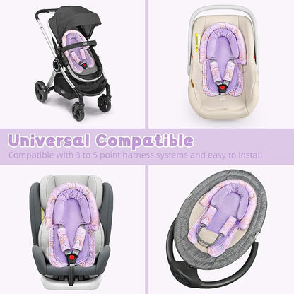 Infant Car Seat Insert with 2 Strap Pads, Carseat Cushion Baby Boy & Girl, Soft and Comfortable Carseat Head Support for Newborn, Purple Rainbow