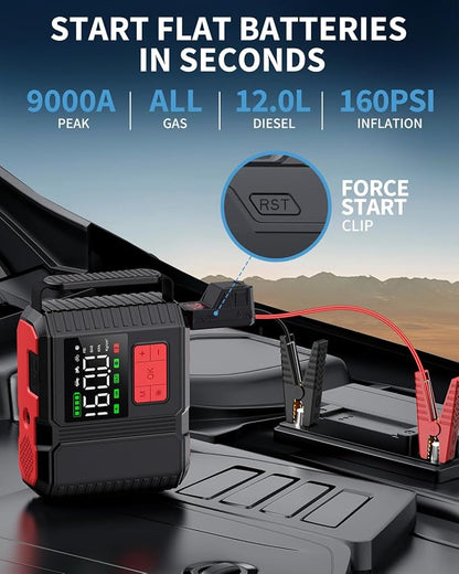 Car Jump Starter with Air Compressor, 9000A Peak 26800mah (Up to All Gas or 12.0L Diesel Engine, 50 Times) Portable160PSI Jump Starter 12V Auto Battery Jump Pack Quick Charge