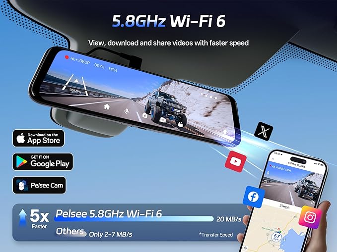 Pelsee S12 Pro Mirror Dash Cam with STARVIS 2 Sensor, Rear View Mirror Camera 5.8GHz WiFi, 4K Front and 1080P Rear Backup Camera for Car, ADAS, Voice Control, Color Night Vision, 64G Meomory Card