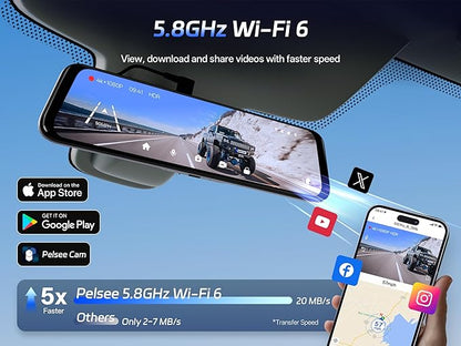 Pelsee S12 Pro Mirror Dash Cam with STARVIS 2 Sensor, Rear View Mirror Camera 5.8GHz WiFi, 4K Front and 1080P Rear Backup Camera for Car, ADAS, Voice Control, Color Night Vision, 64G Meomory Card