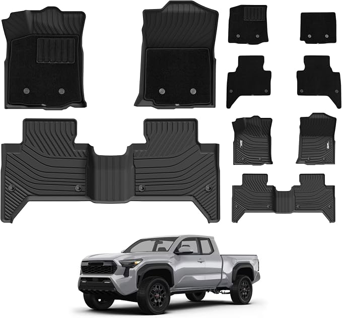 3W Floor Mats & Carpets Custom Fit Toyota Tacoma 2016-2023 (Only for Double Cab and Automatic), TPE Floor Liner Thickened Carpet with Safety Locks and Driver Heel Pad for Tacoma Cars Accessory