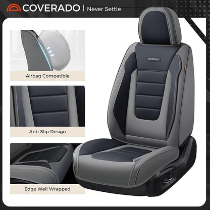 Coverado Car Seat Covers Front, Seat Covers for Cars, Waterproof 2-Pack Car Seat Cushions, Leather Carseat Seat Protectors, Universal Seat Covers Fit for Most Sedans SUV Pick-up Trucks(Gray&Black)