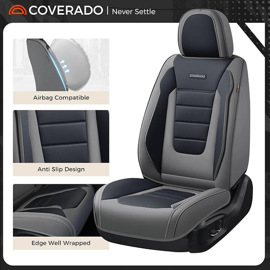 Coverado Car Seat Covers Front, Seat Covers for Cars, Waterproof 2-Pack Car Seat Cushions, Leather Carseat Seat Protectors, Universal Seat Covers Fit for Most Sedans SUV Pick-up Trucks(Gray&Black)