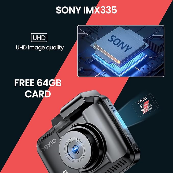 NEXIO N5Pro 4K Dual Dash Cam Front and Rear, WiFi 6 Fast Transfer, Free 64GB Card, GPS, ADAS Safety Alerts, Night Vision, 24H Parking Surveillance, Supercapacitor, App Control, Dash Camera for Cars